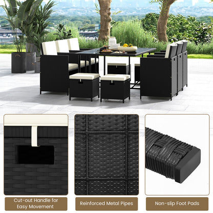 11-Piece Patio Dining Set with Tempered Glass Table | Black & White