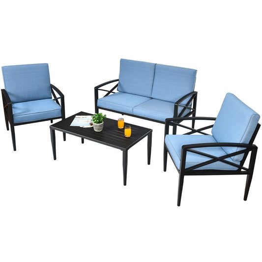 4-Piece Outdoor Aluminum Conversation Set with Cushions — Blue