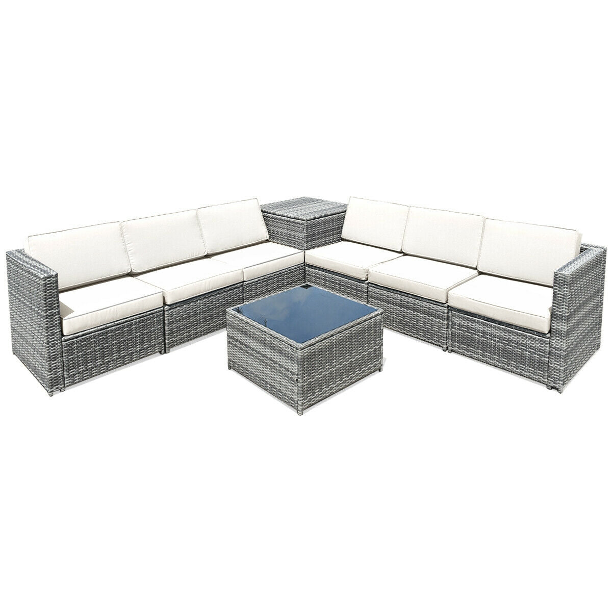 8-Piece Wicker Patio Conversation Set With Storage Cabinet and Glass Coffee Table