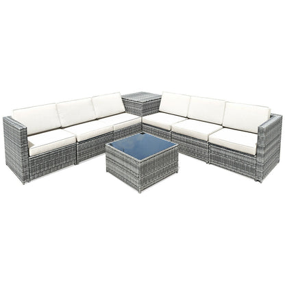 8-Piece Wicker Patio Conversation Set With Storage Cabinet and Glass Coffee Table