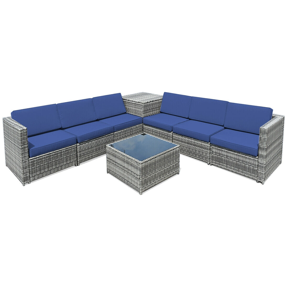 8-Piece Wicker Patio Conversation Set With Storage Cabinet and Glass Coffee Table