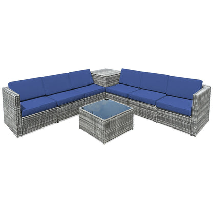 8-Piece Wicker Patio Conversation Set With Storage Cabinet and Glass Coffee Table