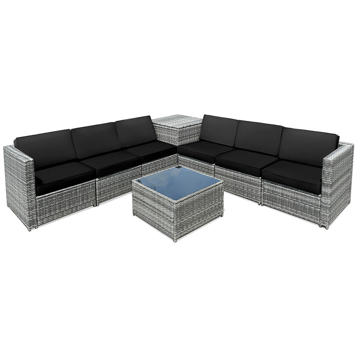 8-Piece Wicker Patio Conversation Set With Storage Cabinet and Glass Coffee Table