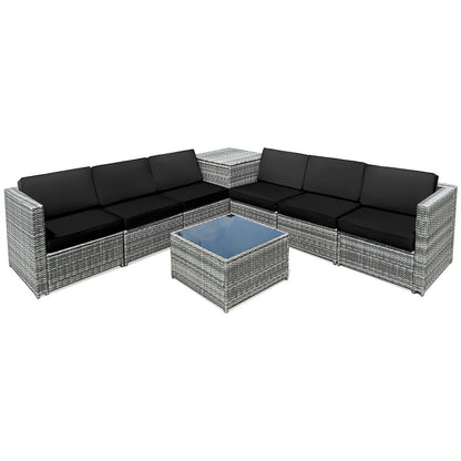 8-Piece Wicker Patio Conversation Set With Storage Cabinet and Glass Coffee Table