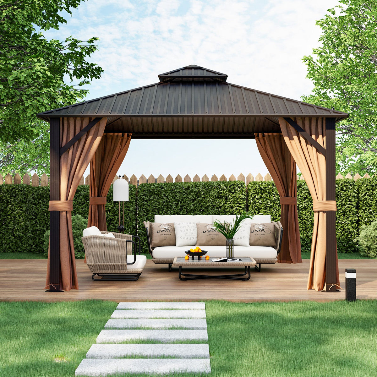 12x12 Ft Hardtop Gazebo With Galvanized Steel Double Roof, Curtains & Netting – Coffee