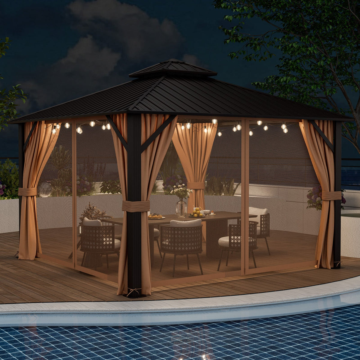 12x12 Ft Hardtop Gazebo With Galvanized Steel Double Roof, Curtains & Netting – Coffee