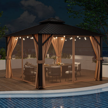 12x12 Ft Hardtop Gazebo With Galvanized Steel Double Roof, Curtains & Netting – Coffee