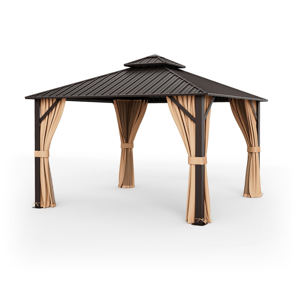 12x12 Ft Hardtop Gazebo With Galvanized Steel Double Roof, Curtains & Netting – Coffee