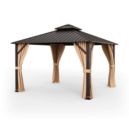 12x12 Ft Hardtop Gazebo With Galvanized Steel Double Roof, Curtains & Netting – Coffee