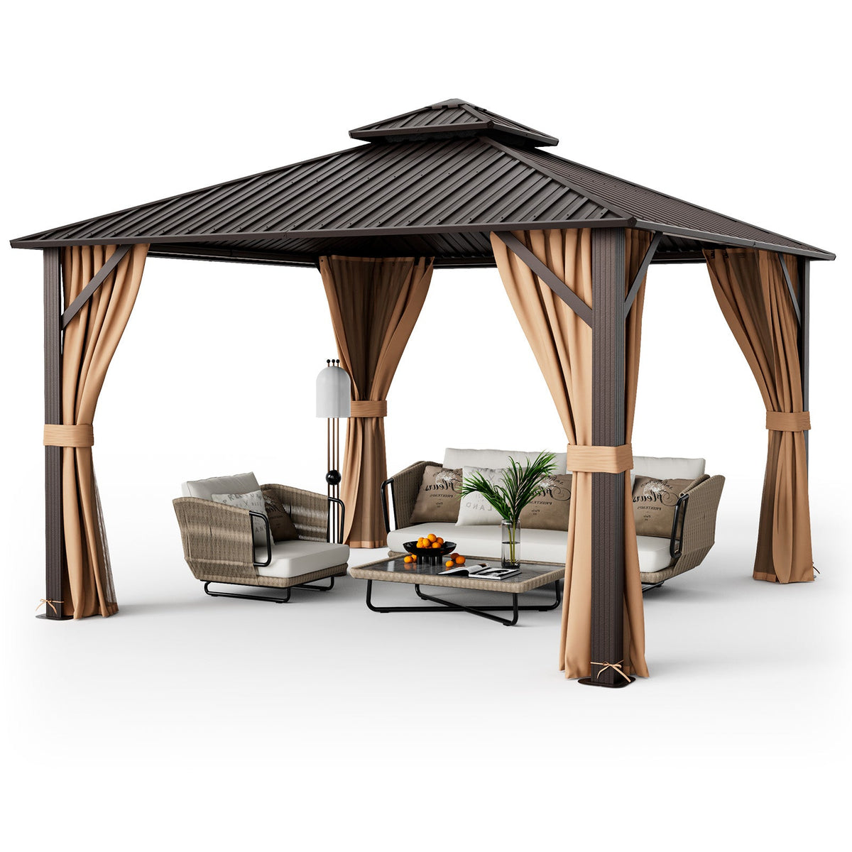 12x12 Ft Hardtop Gazebo With Galvanized Steel Double Roof, Curtains & Netting – Coffee