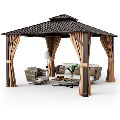 12x12 Ft Hardtop Gazebo With Galvanized Steel Double Roof, Curtains & Netting – Coffee