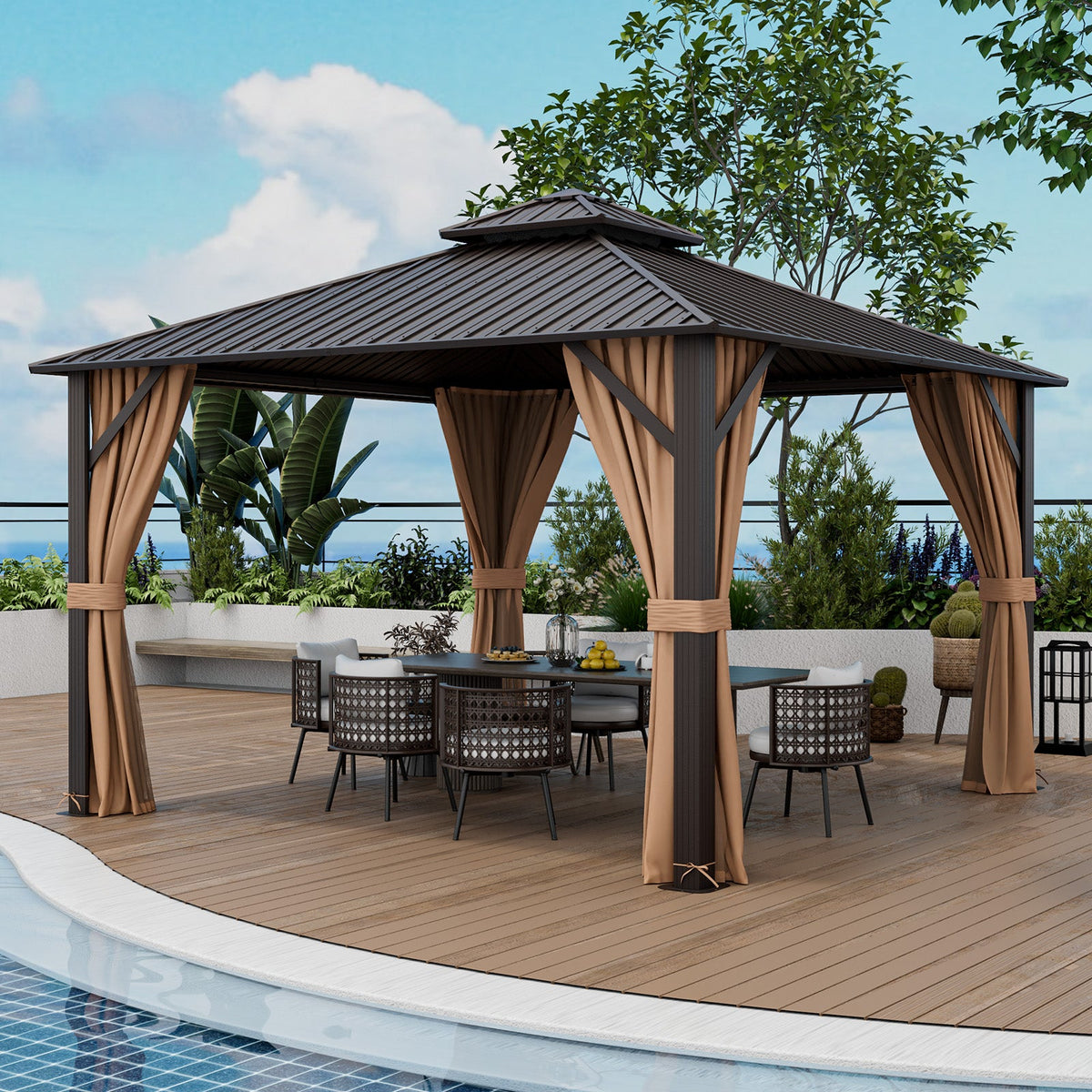 12x12 Ft Hardtop Gazebo With Galvanized Steel Double Roof, Curtains & Netting – Coffee