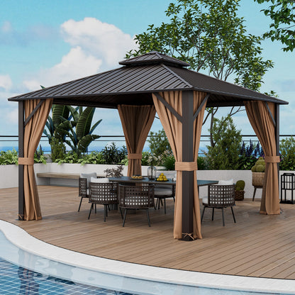 12x12 Ft Hardtop Gazebo With Galvanized Steel Double Roof, Curtains & Netting – Coffee
