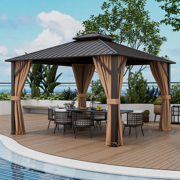 12x12 Ft Hardtop Gazebo With Galvanized Steel Double Roof, Curtains & Netting – Coffee