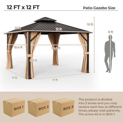 12x12 Ft Hardtop Gazebo With Galvanized Steel Double Roof, Curtains & Netting – Coffee
