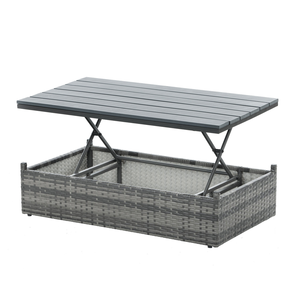 5-Piece Outdoor PE Wicker Conversation Set with Reclining Sofa & Lift-Top Table — Dark Gray