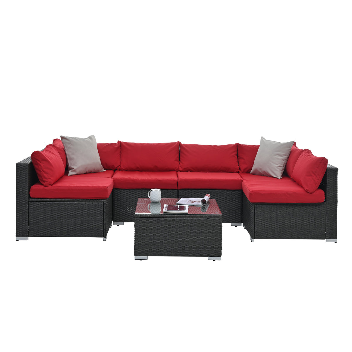 7-Piece Outdoor PE Rattan Sectional Set with Tempered Glass Table — Dark Gray