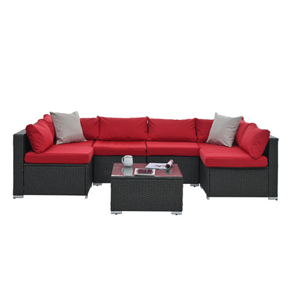 7-Piece Outdoor PE Rattan Sectional Set with Tempered Glass Table — Dark Gray
