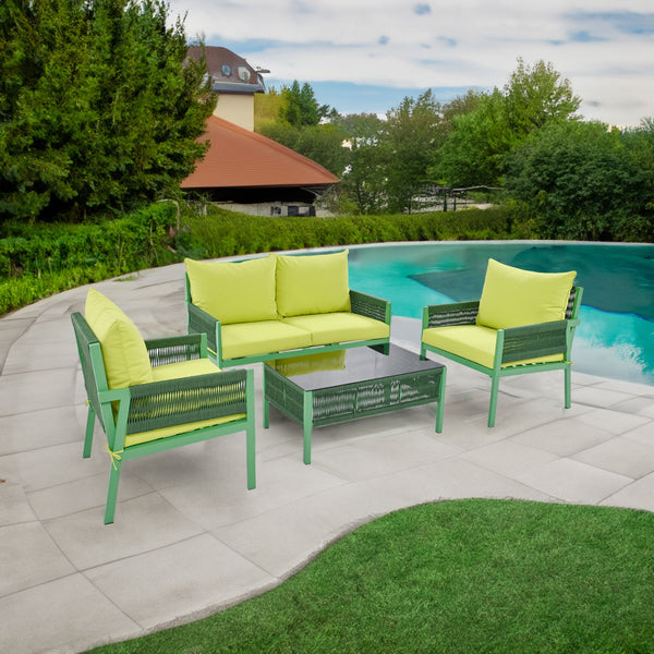 4-Piece Outdoor Rope Weave Deep Seating Set with Tempered Glass Table — Green & Yellow-Green