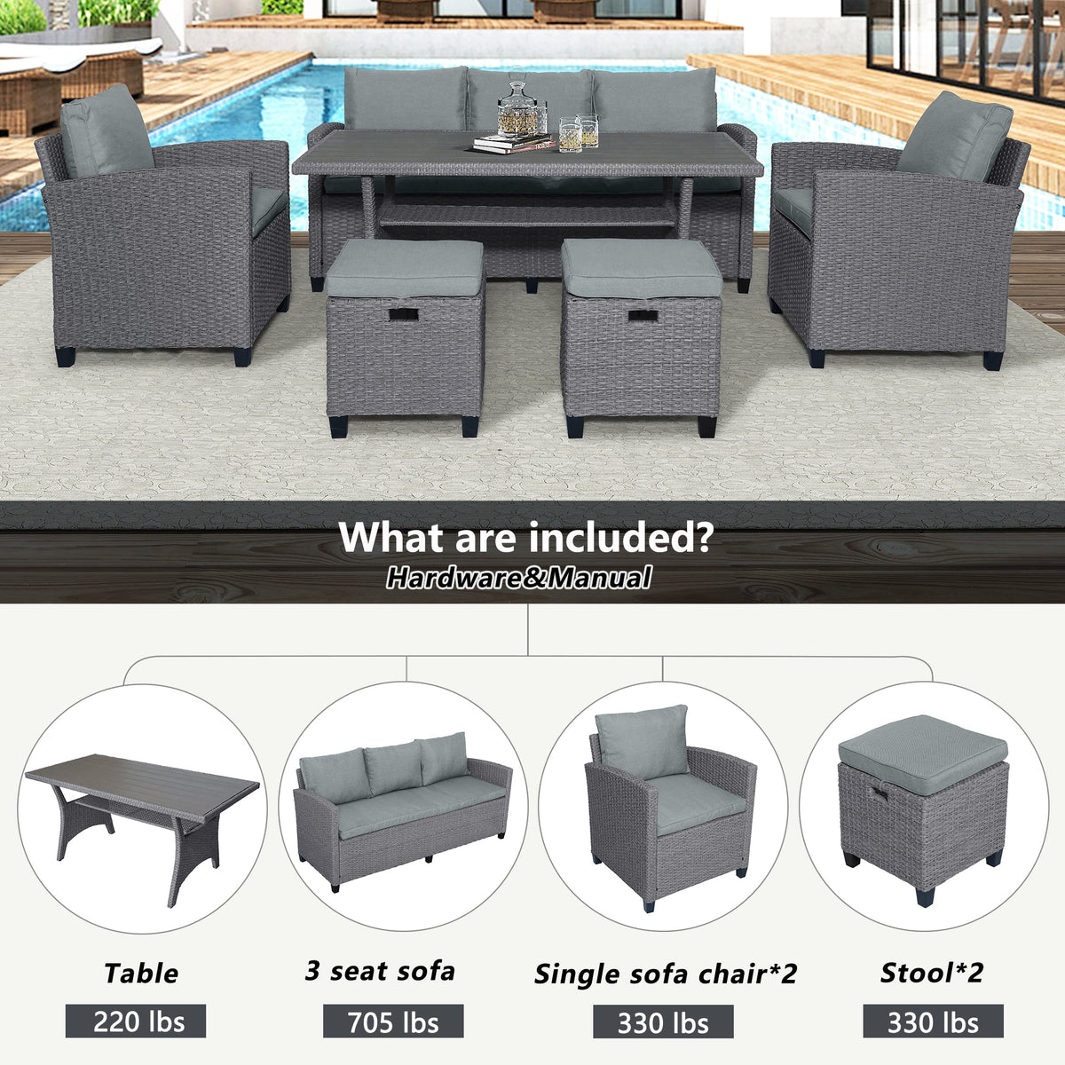 TOPMAX 6-Piece Outdoor Rattan Wicker Conversation Set with Sofa, Chairs, Ottomans & Table – Gray