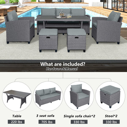 TOPMAX 6-Piece Outdoor Rattan Wicker Conversation Set with Sofa, Chairs, Ottomans & Table – Gray