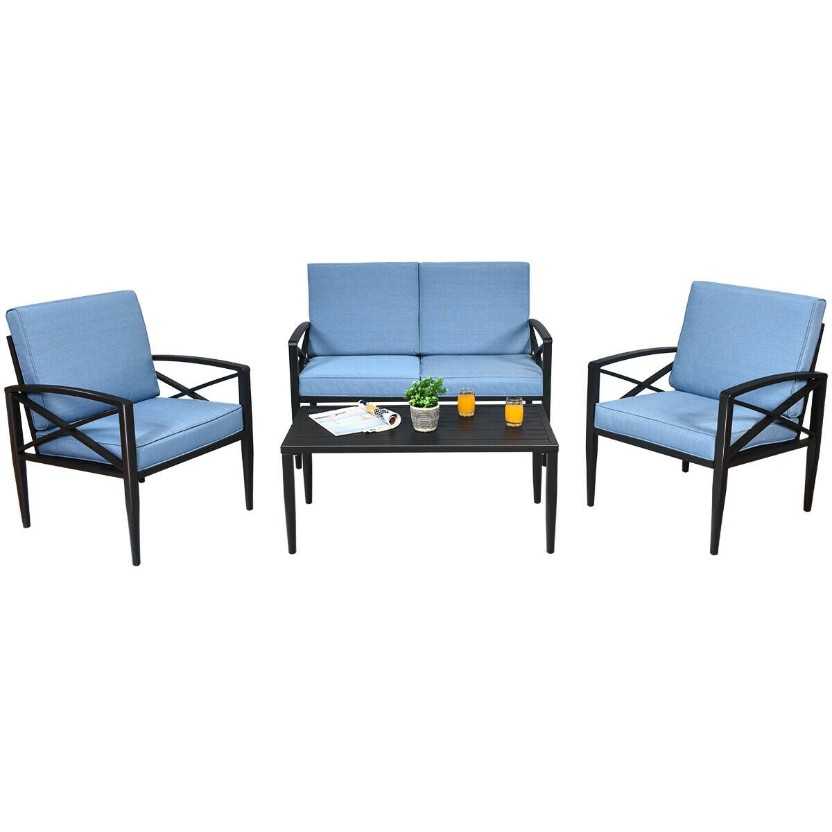 4-Piece Outdoor Aluminum Conversation Set with Cushions — Blue