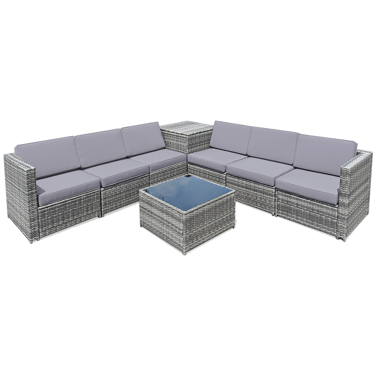 8-Piece Wicker Patio Conversation Set With Storage Cabinet and Glass Coffee Table
