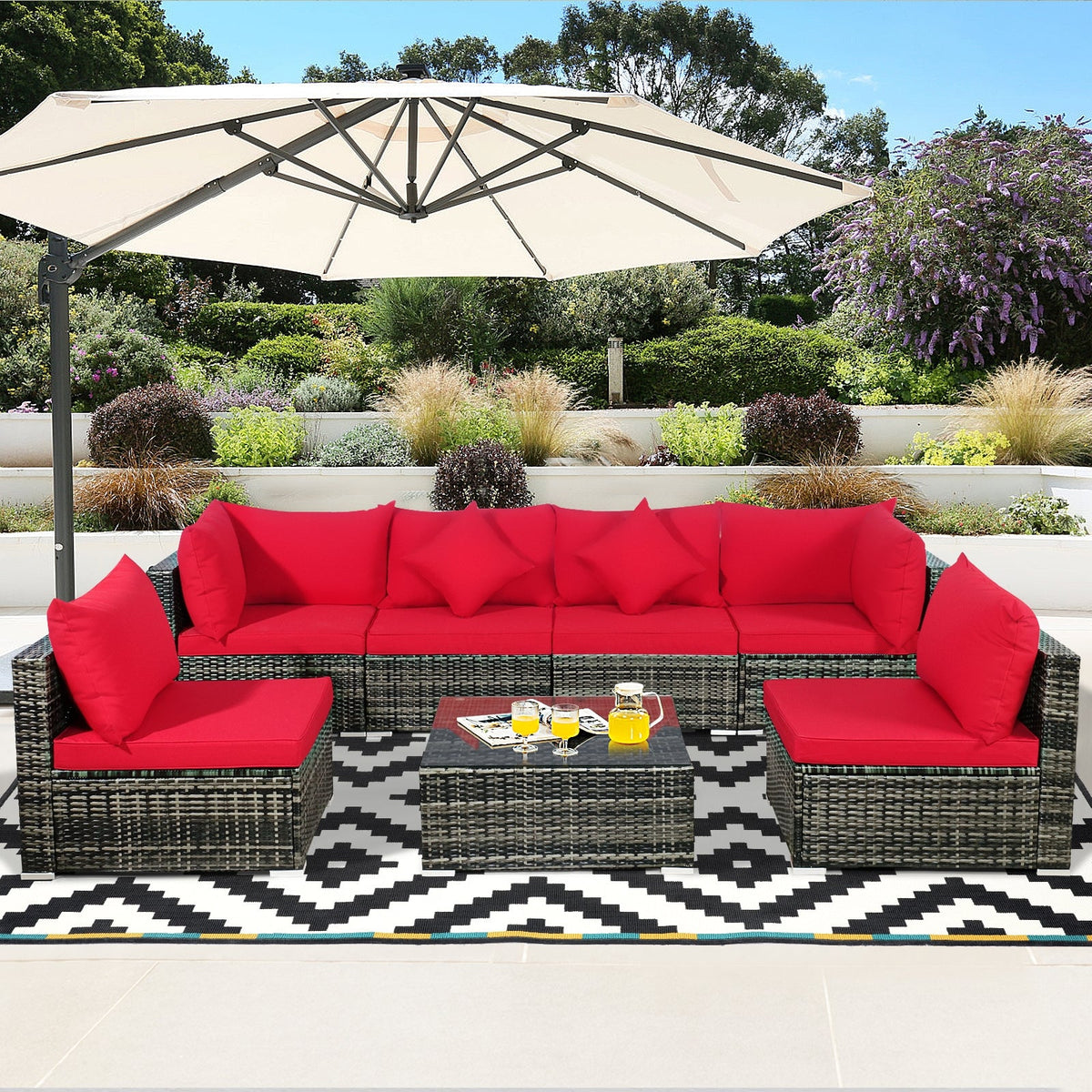 7-Piece Patio Rattan Furniture Set Sectional Sofa Garden Cushion
