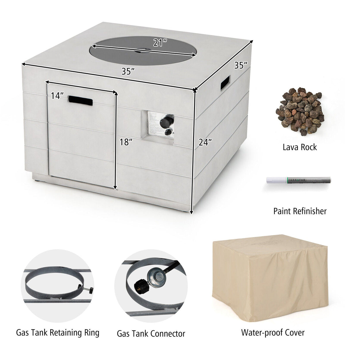 34-Inch Square Concrete Propane Fire Pit Table – Gray, 50,000 BTU