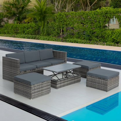 5-Piece Outdoor PE Wicker Conversation Set with Reclining Sofa & Lift-Top Table — Dark Gray