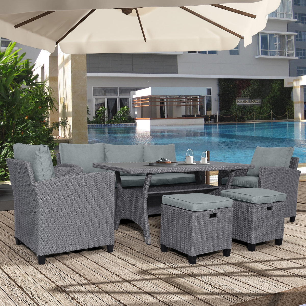 TOPMAX 6-Piece Outdoor Rattan Wicker Conversation Set with Sofa, Chairs, Ottomans & Table – Gray
