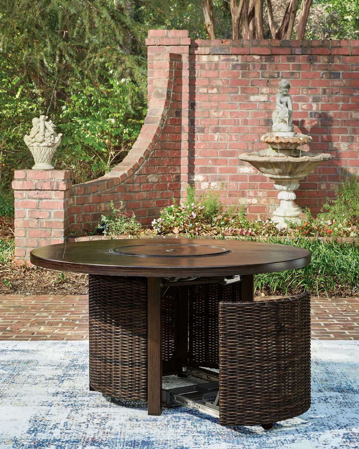 Monterey Point 48-Inch Round Wicker Fire Pit Table – Dark Brown