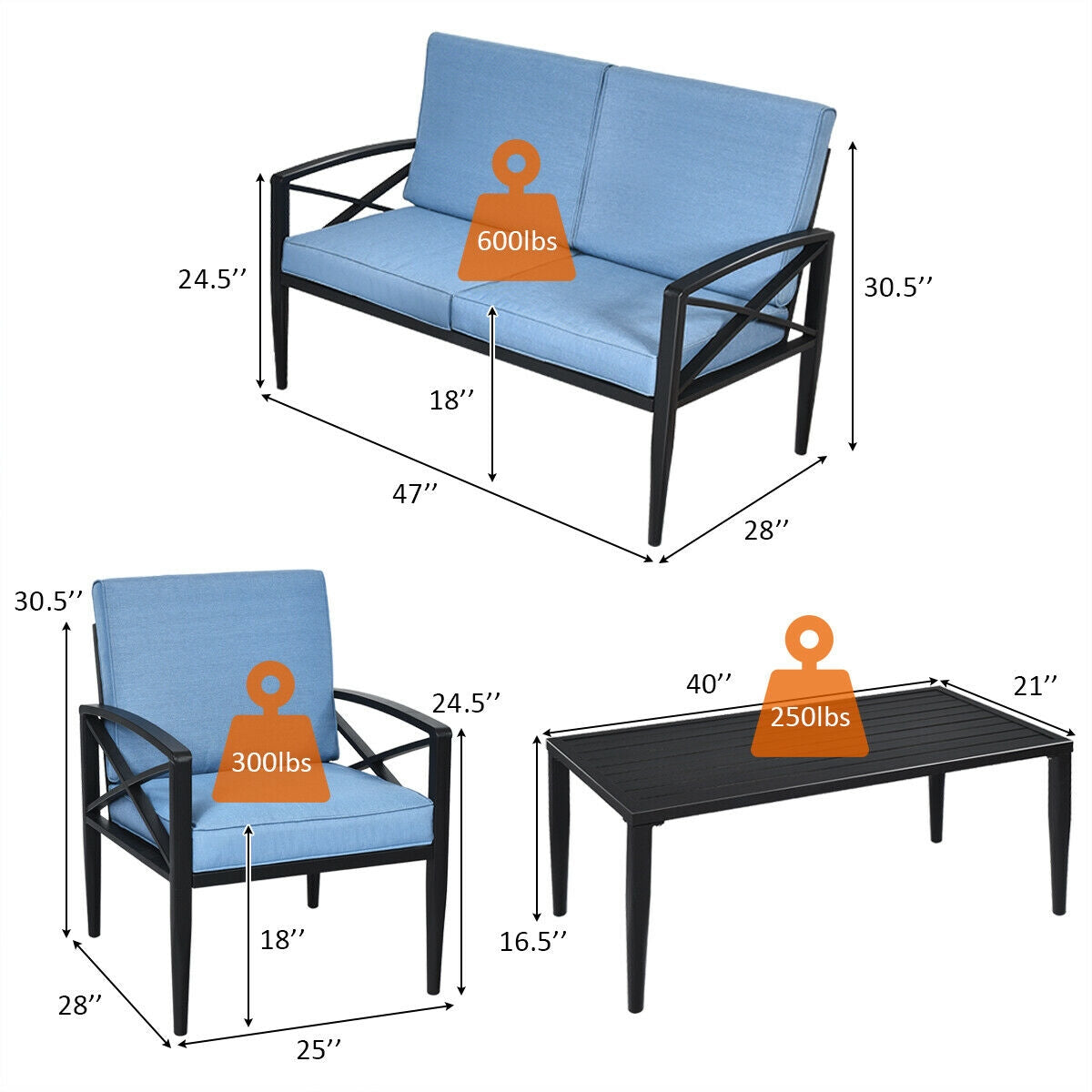 4-Piece Outdoor Aluminum Conversation Set with Cushions — Blue