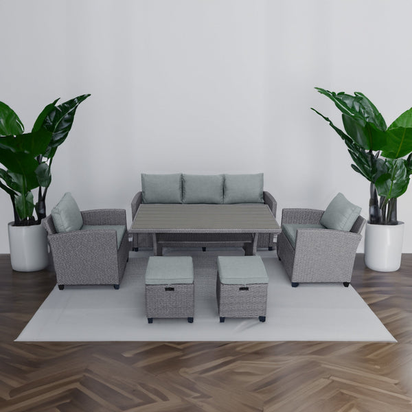 TOPMAX 6-Piece Outdoor Rattan Wicker Conversation Set with Sofa, Chairs, Ottomans & Table – Gray
