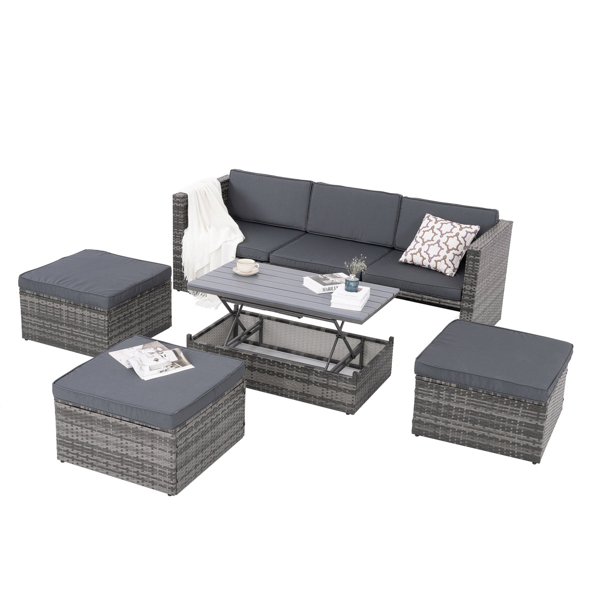5-Piece Outdoor PE Wicker Conversation Set with Reclining Sofa & Lift-Top Table — Dark Gray