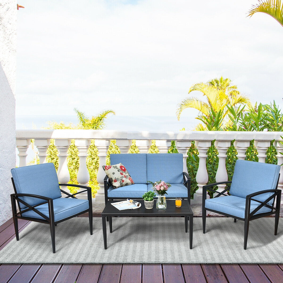 4-Piece Outdoor Aluminum Conversation Set with Cushions — Blue
