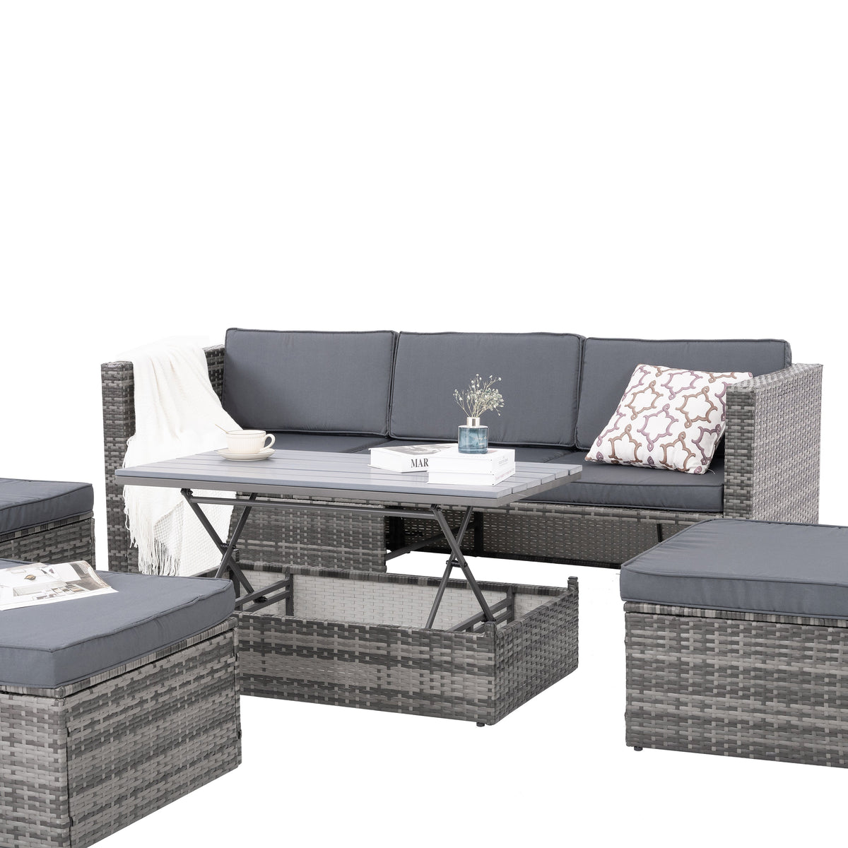5-Piece Outdoor PE Wicker Conversation Set with Reclining Sofa & Lift-Top Table — Dark Gray