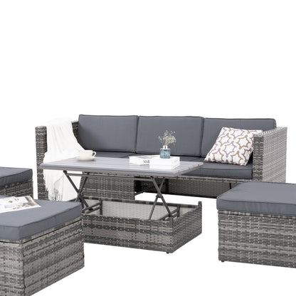 5-Piece Outdoor PE Wicker Conversation Set with Reclining Sofa & Lift-Top Table — Dark Gray