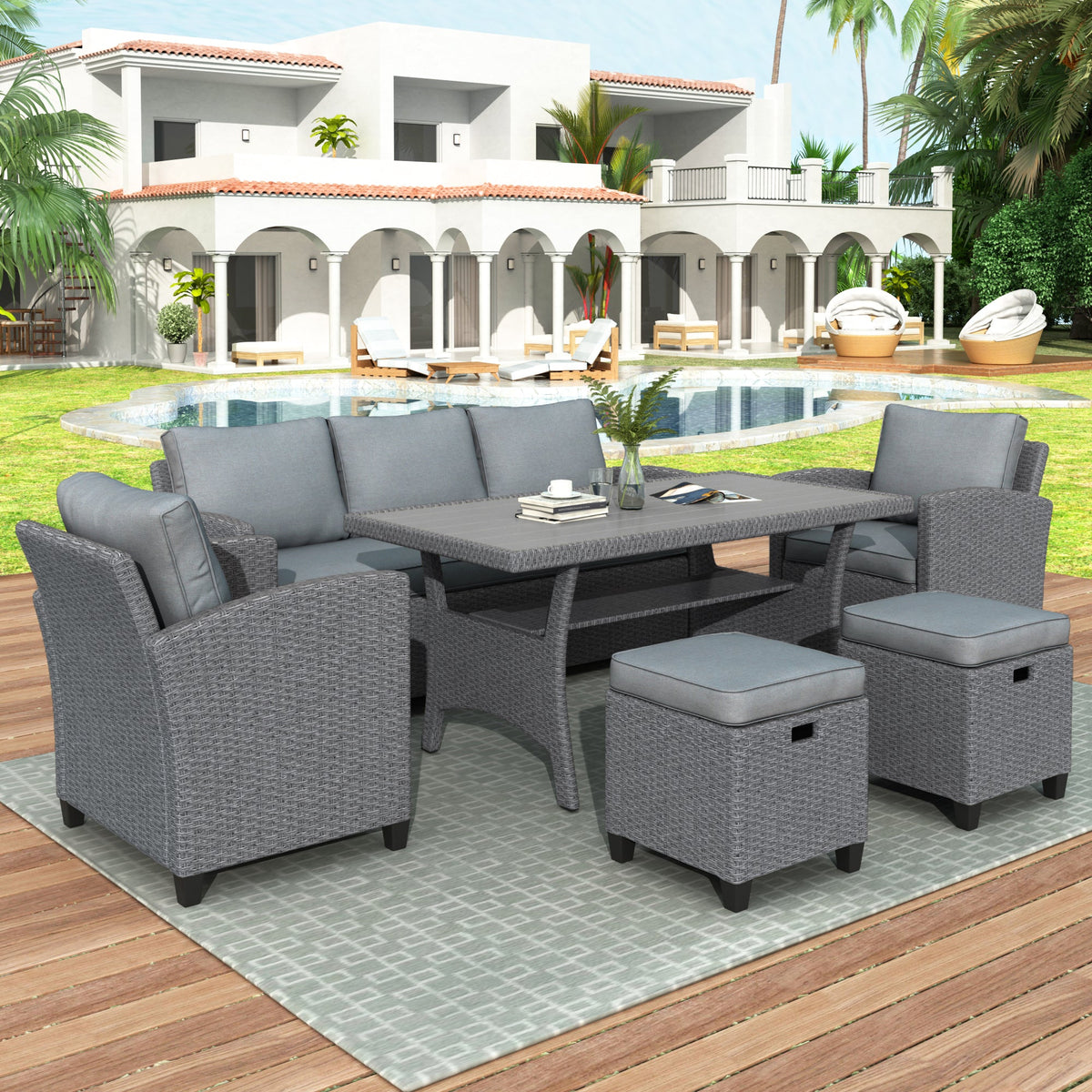 TOPMAX 6-Piece Outdoor Rattan Wicker Conversation Set with Sofa, Chairs, Ottomans & Table – Gray