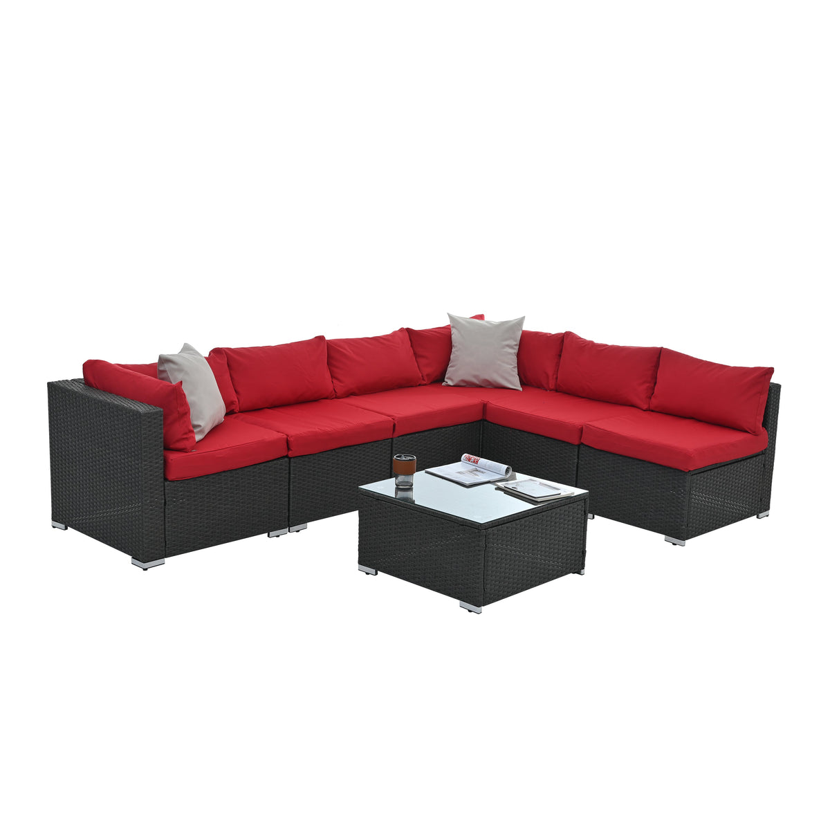7-Piece Outdoor PE Rattan Sectional Set with Tempered Glass Table — Dark Gray