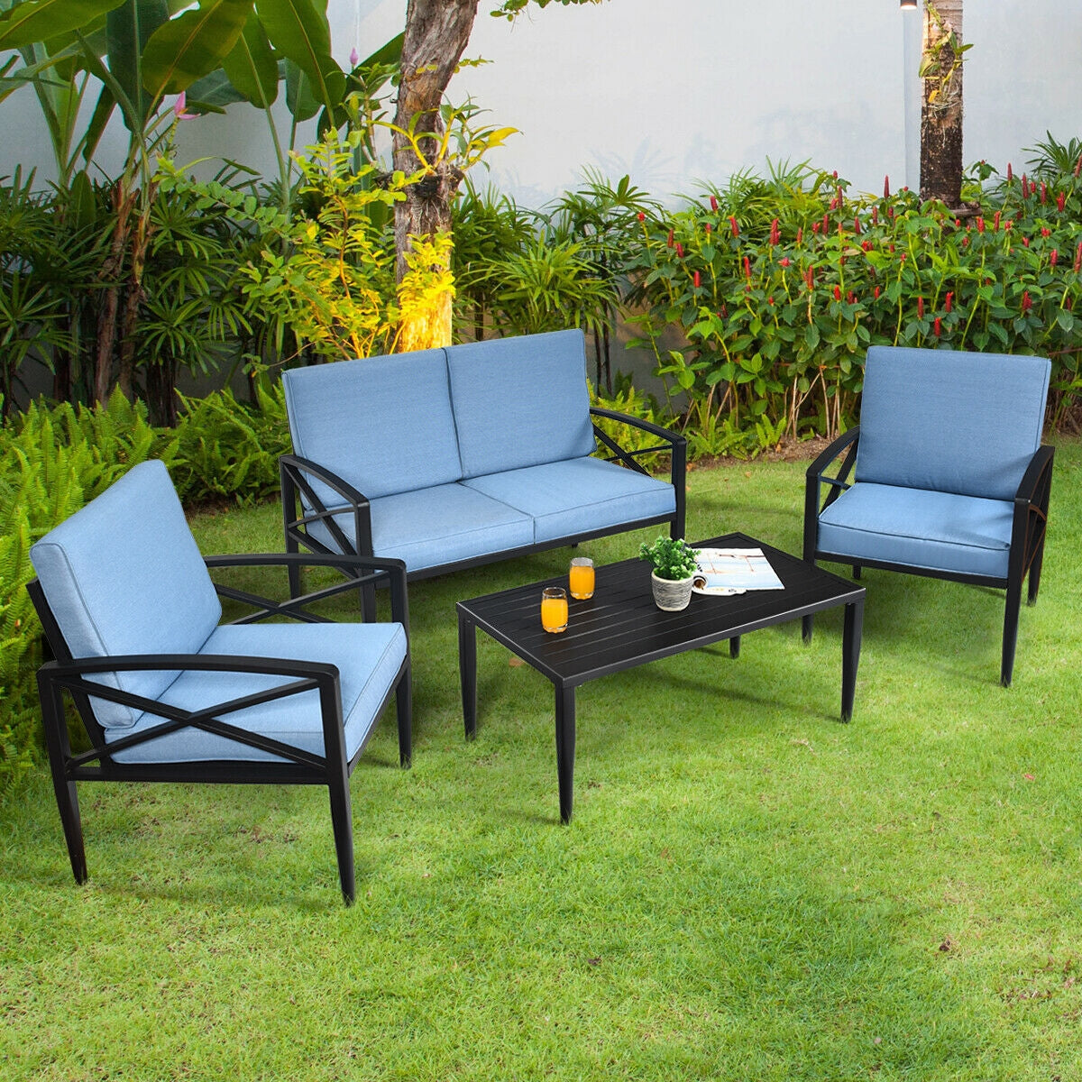 4-Piece Outdoor Aluminum Conversation Set with Cushions — Blue