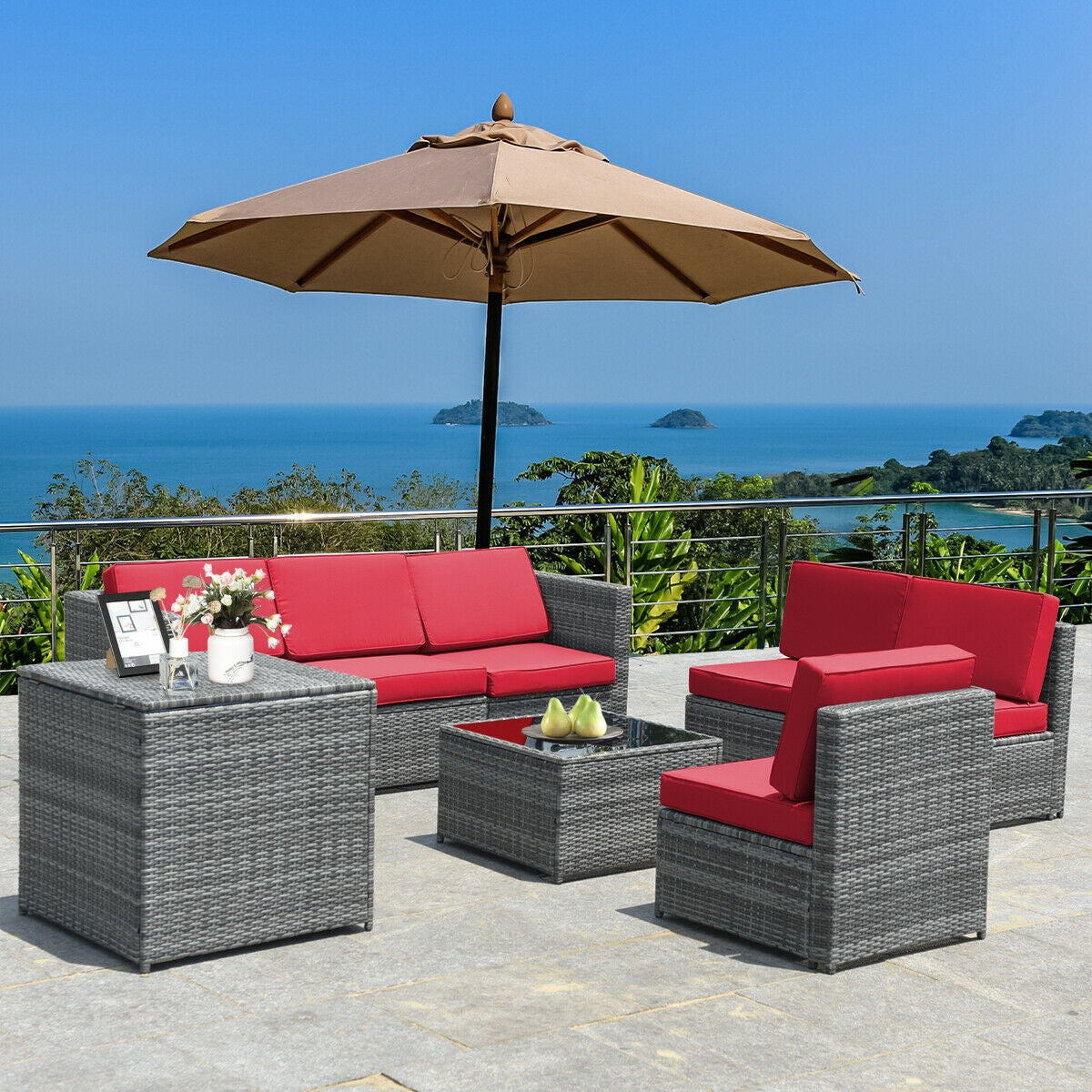 8-Piece Wicker Patio Conversation Set With Storage Cabinet and Glass Coffee Table