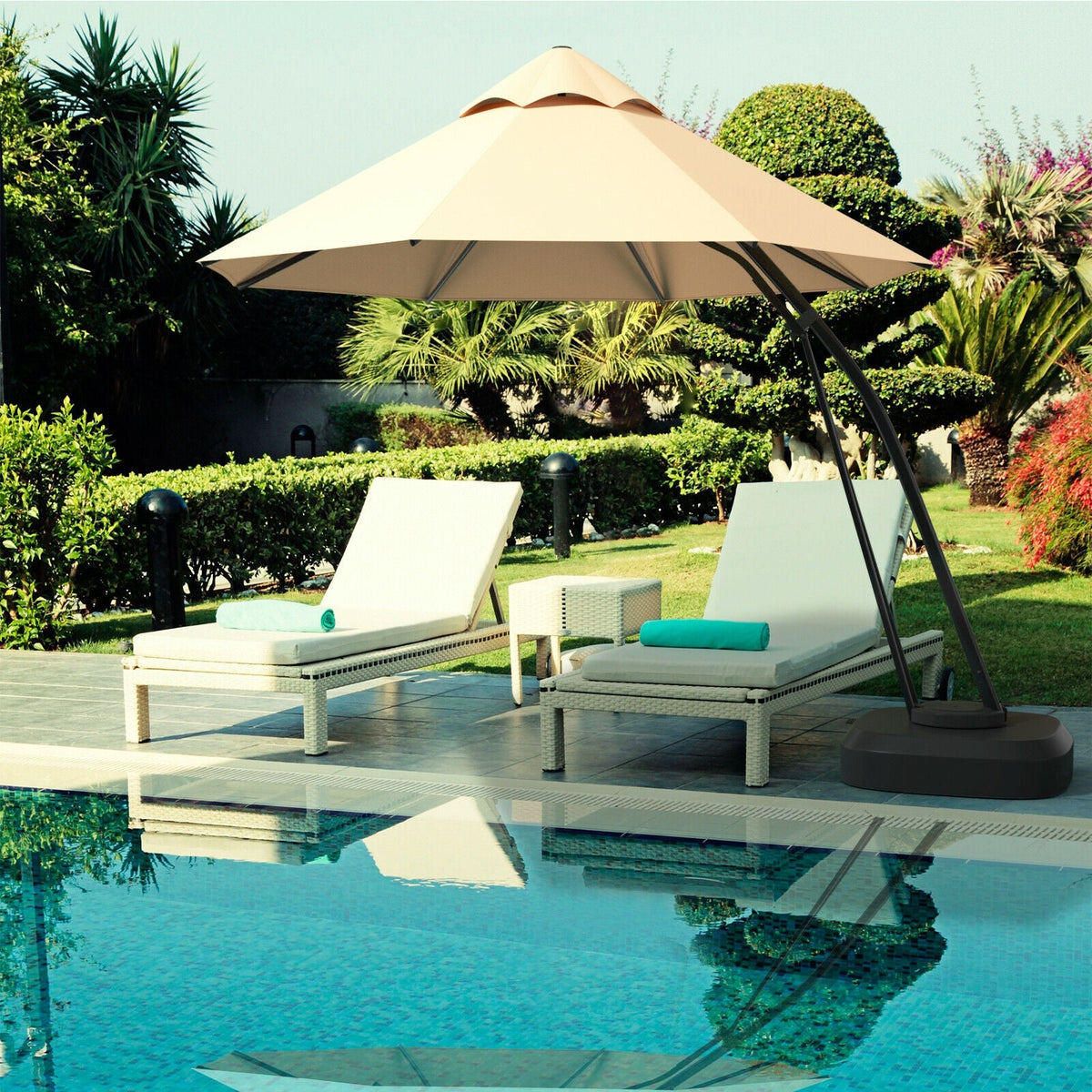 11-Foot Outdoor Cantilever Umbrella – 360° Rotation, Double-Top Wind Vent, Weighted Base & Wheels