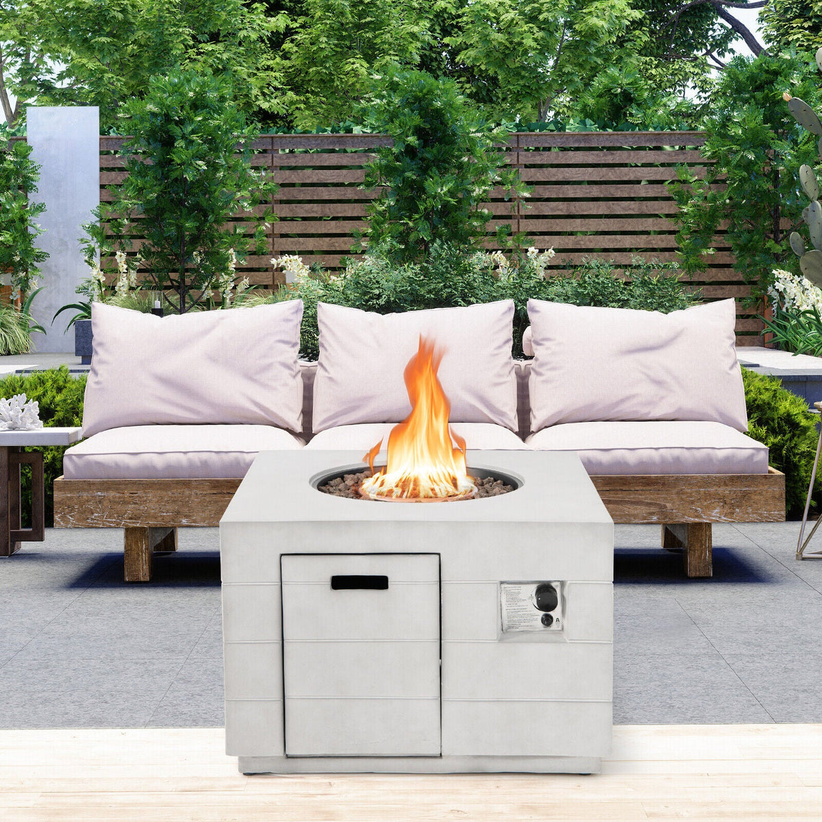 34-Inch Square Concrete Propane Fire Pit Table – Gray, 50,000 BTU