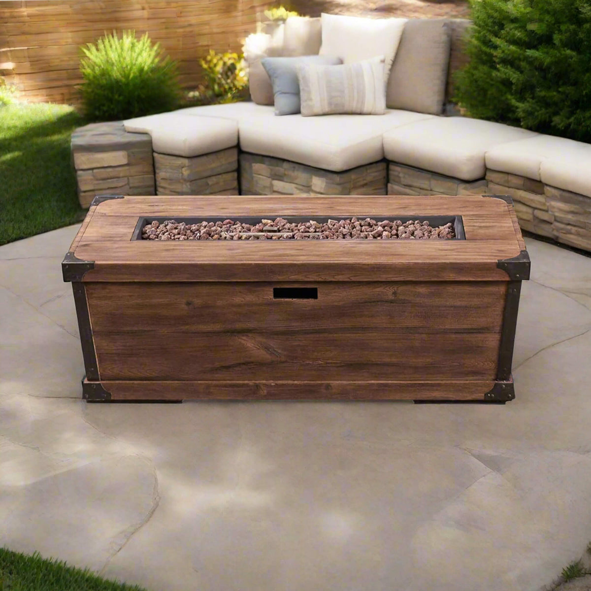 56-Inch Rectangle Gas Fire Pit Table – Wood Pattern, 50K BTU, Propane