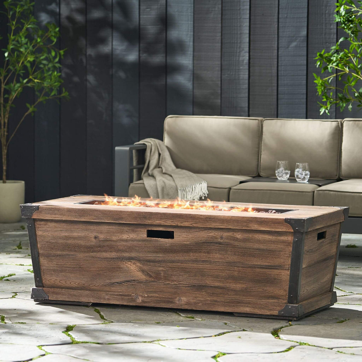 56-Inch Rectangle Gas Fire Pit Table – Wood Pattern, 50K BTU, Propane