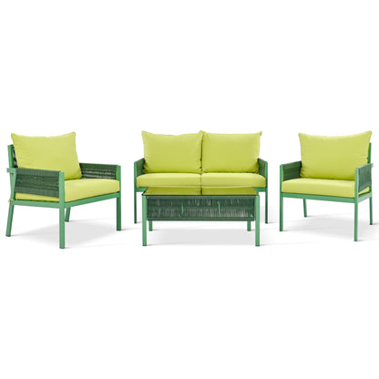 4-Piece Outdoor Rope Weave Deep Seating Set with Tempered Glass Table — Green & Yellow-Green