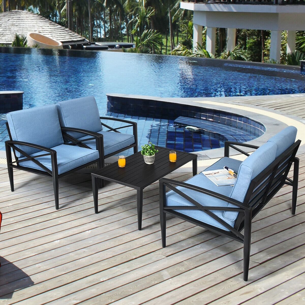 4-Piece Outdoor Aluminum Conversation Set with Cushions — Blue