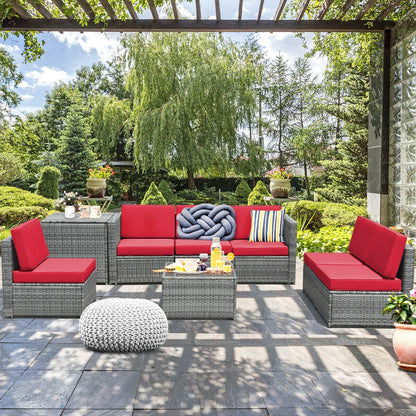 8-Piece Wicker Patio Conversation Set With Storage Cabinet and Glass Coffee Table