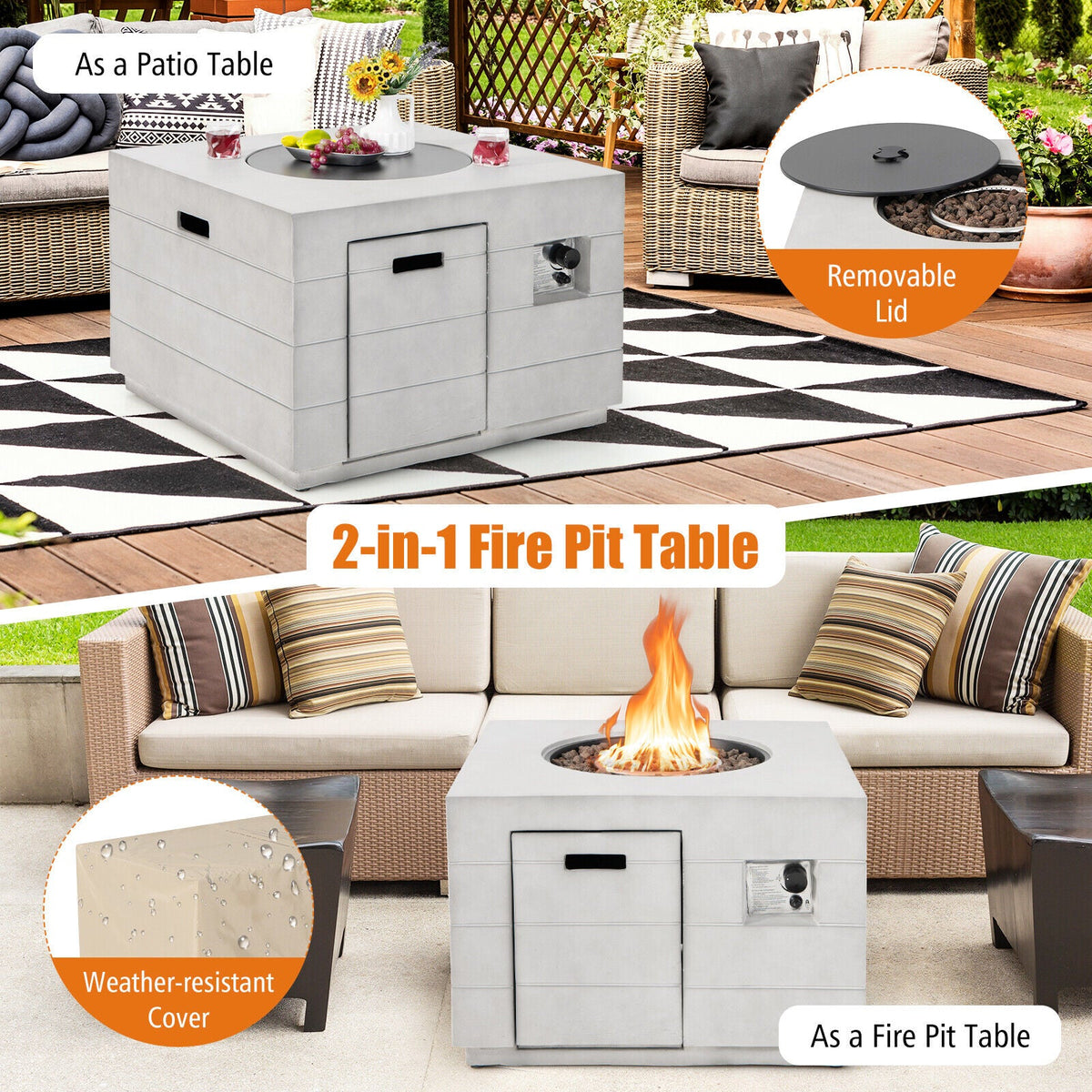 34-Inch Square Concrete Propane Fire Pit Table – Gray, 50,000 BTU